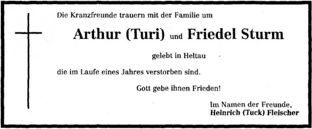 Sturm Arthur 1915-2003 Audritz Frieda Todesanzeige